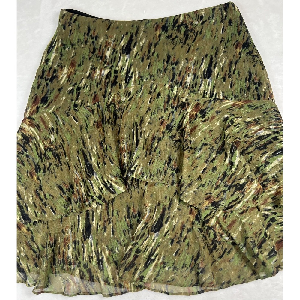 ISDA‎ & Co Skirt Womens 4 Green Brown Abstract Tiered Ruffle Hem Lined Midi